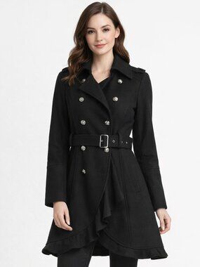 GUESS Black Wool Double Breasted Peacoat with Ruffle Size M
